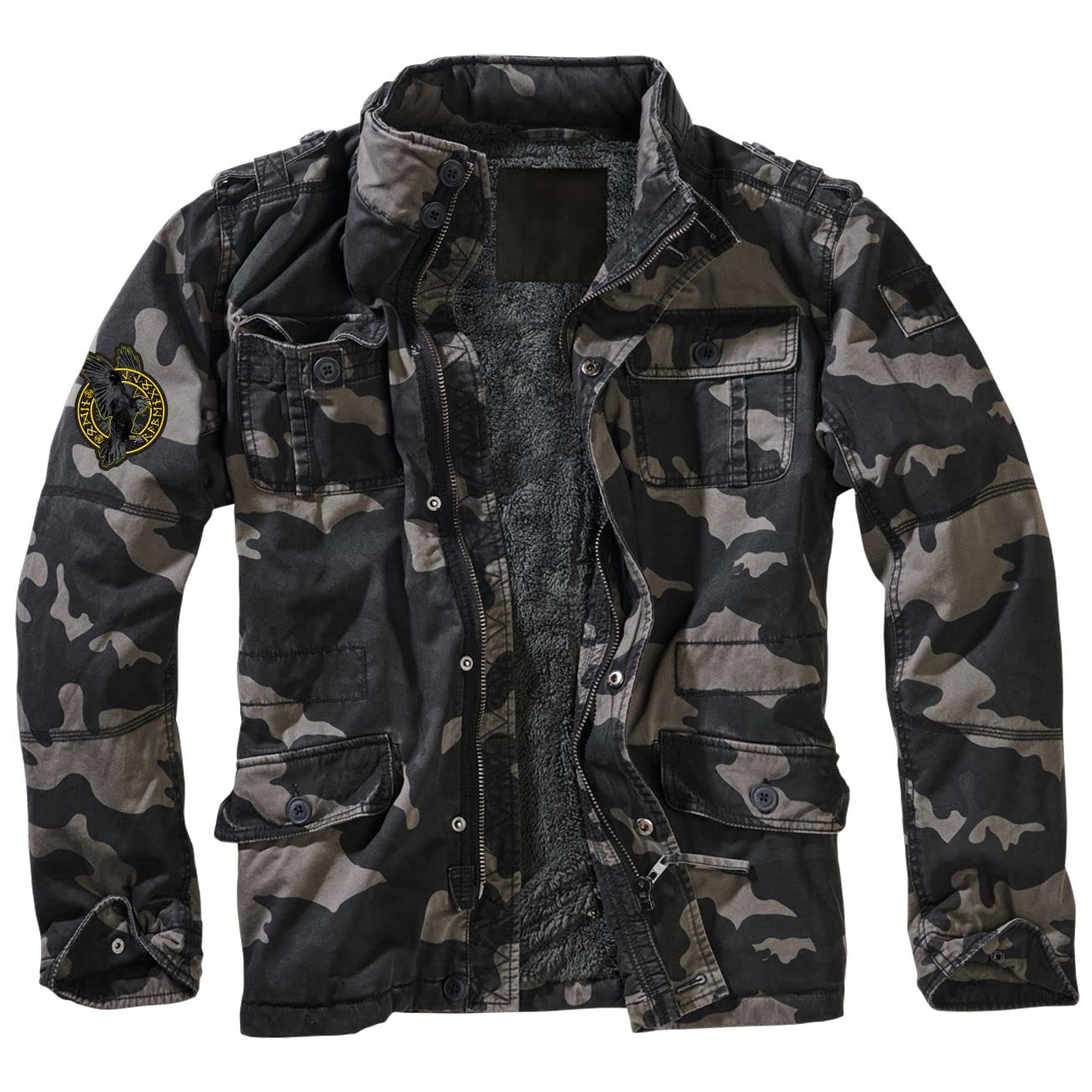 SONS OF ODIN Herren Winter Jacke mit Kapuze Odin Rabengott Hugin Munin - Runen auf der Jacke