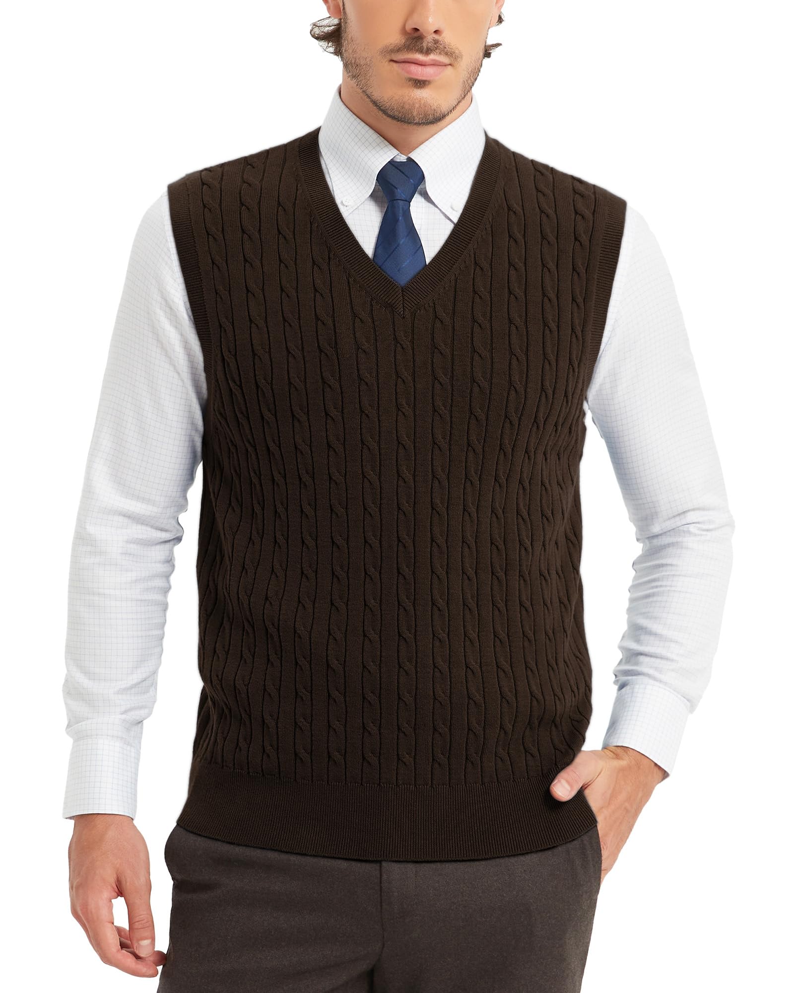 Kallspin Herren 100% Baumwolle Casual Pullunder V-Ausschnitt Ärmellos Zopfstrick EinfarbigComfortables Casuelles Baumwol